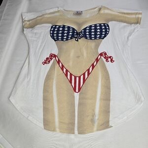 Vintage My BIKINI Swimsuit Cover-Up T-Shirt USA Flag Double Sided Tee